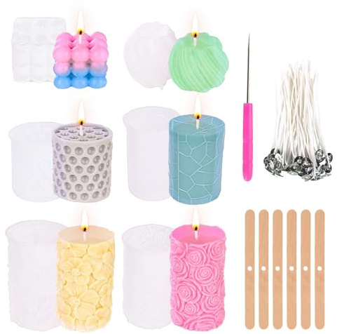 YUNISS 6 Pcs Moldes para Vela, Molde Velas Silicona, Kit para Hacer Velas, Árbol de Navidad, Flores, Corazones, Molde de Silicona Navideño (Geometría - paquete de 6)