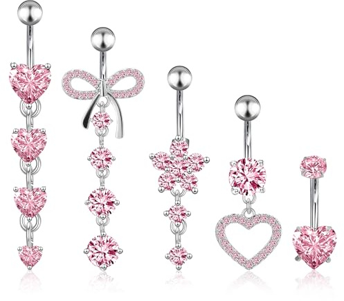 ViEinkaufen 5 Pcs Belly Button Bars,Stainless Steel Button Piercing Jewellery,Flower Heart Bow Tassel Belly Belly Bars Sterling,Hypoallergenic Navel Rings for Women Girls