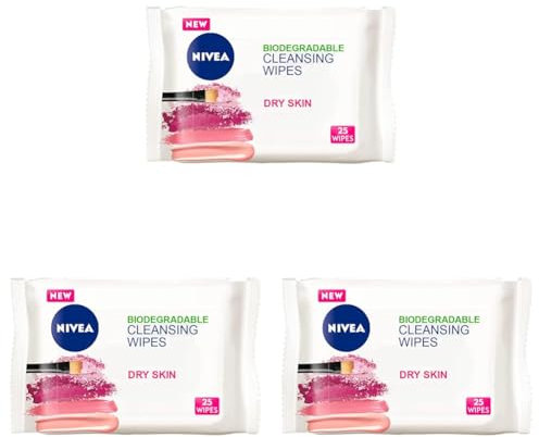 NIVEA 3in1 Caring Cleansing Wipes Dry Skin (25 Wipes), Plant-Based Makeup Remover Wipes, Face Wipes for Dry Skin, Gentle yet Effective Makeup Removal (Pack of 3)