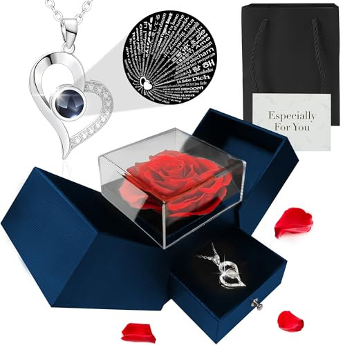 TANNESS Preserved Real Roses Gifts for Her - Gift Box, Necklace w/ 'I Love You' in 100 Languages - Mom, Eternal Rose, Forever Rose for Mum, Presents for Women, Necklace Box