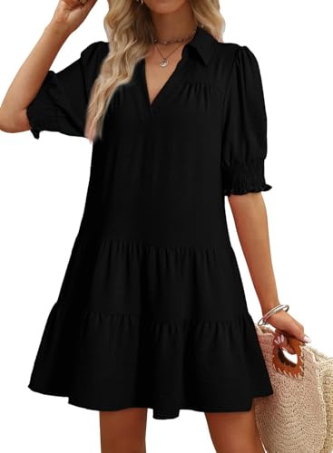Dokotoo Black Dress Summer Dresses for Women 2026 Spring Short Sleeve Mini Dress Trendy Casual Sundress 2026 Baby Doll Dresses Women Vacation V Neck Resort Wear Fashion Outfits Plus Size Clothes