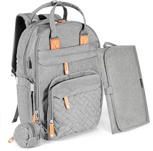 Holdfiturn Baby Changing Bag Backpack, Large Multifunction Nappy Bag with Portable Changing Mat, Pacifier Holder, Insulated Pockets, and Stroller Straps for Mom & Dad (Gray)
