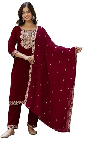 TRENDMALLS Women's Velvet Embroidery Salwar Suit Set Kurta Pant with Dupatta (G324-Maroon-M)