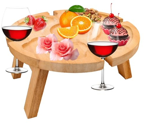 Jognee Klappbarer Picknicktisch aus Holz,Picknick Weintisch,Faltbarer Picknicktisch mit Rotweinglashalter,Outdoor Weintisch Klappbar Kleiner Strandtisch für Garten Reisen Camping Picknick Stran