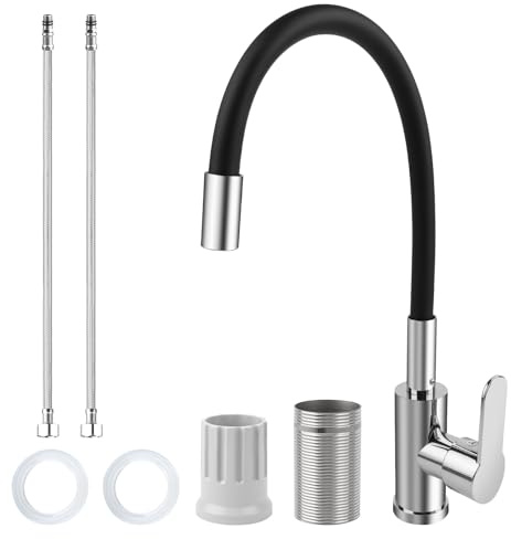 Wasserhahn Küche mit Flexibler Auslauf, Küchenarmatur Schwarz 360° Drehbar, Armatur küche mit Wasserspar Aerator, Biegsamer Wasserhahn für Die Küche, Einfache Installation