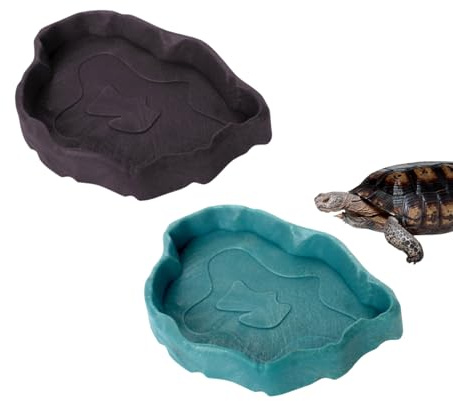 Tortoise Water Bowl,2 pcs Reptile Growth Reptile Water Dish Food Bowl Set,Food Feeder Bowl Resin Reptile Bowl for Pet Tortoise Lizard Frog Gecko Snake Chameleon,Safe and Non-toxic