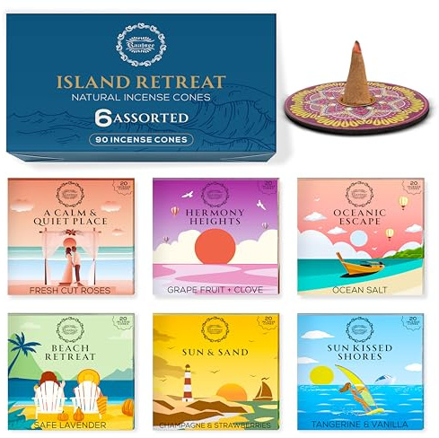 Raajsee Incense Cones, 6 Pack Island Retreat Cone Gift Pack 15 pc Each (90 Total), Insence Cones Variety Pack, 100% Organic Non Toxic Natural - Hand Rolled Free from Chemicals,Holder Included