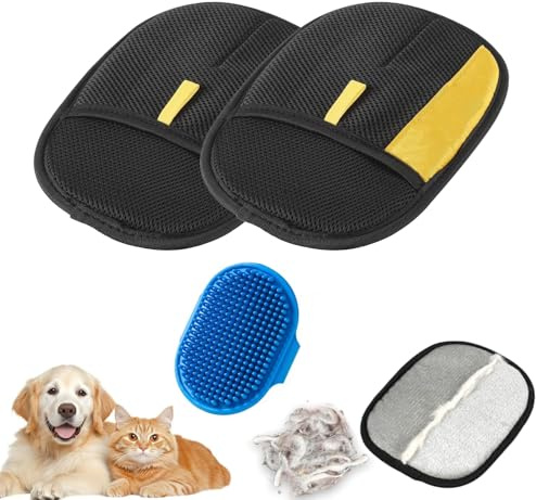 SHICEPET 2 Packs Pet Hair Removal Gloves - Upgraded Electrostatic Pet Hair Remover for Cat & Dog | Reusable Pet Hair Gloves for Couch, Furniture | with Grooming Brush
