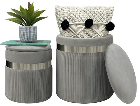 IlGruppone Set di 2 Pouf Contenitori in Velluto Design Moderno Poggiapiedi,Tondo con Coperchio Rimovibile e Seduta Imbottita - Grigio Scuro