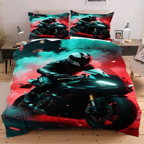 Fotmung Juego de Cama 150x200 Motociclista, Conjunto de Ropa de Cama 3 Piezas, Incluye 1 Funda de Edredón + 2 Fundas de Almohada, Lavable a Máquina, Suave al Tacto, Fácil de Cuidar W176
