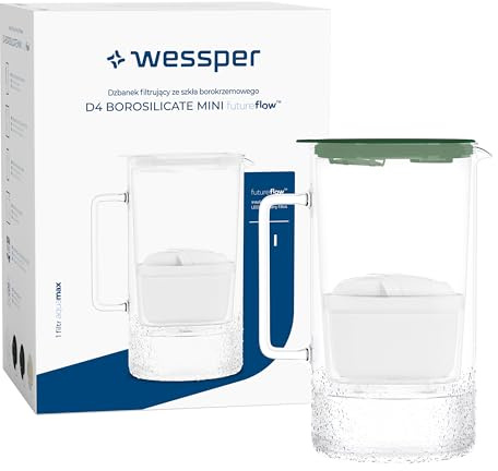 Wessper Caraffa Filtrante in Vetro da 2 litri, senza BPA Caraffe per Acqua con Contatore Intelligente del Filtri, Brocca con Cartuccia Filtrante al Carbone Attivo e Anti calcare- Verde