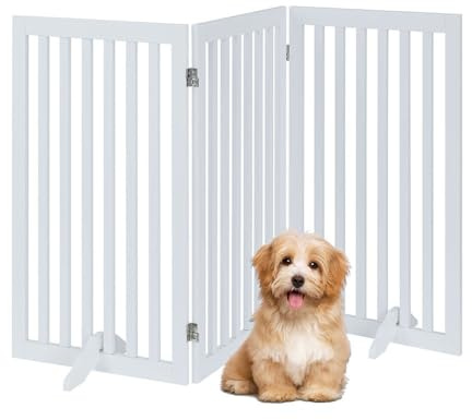 unipaws 36”H Free Standing Pet Gate for Dog Cat, Tall Wooden Gates for Doorway, Stairs, Foldable Pet Fence for The House, Expandable Dog Barrier, Indoor Use, White