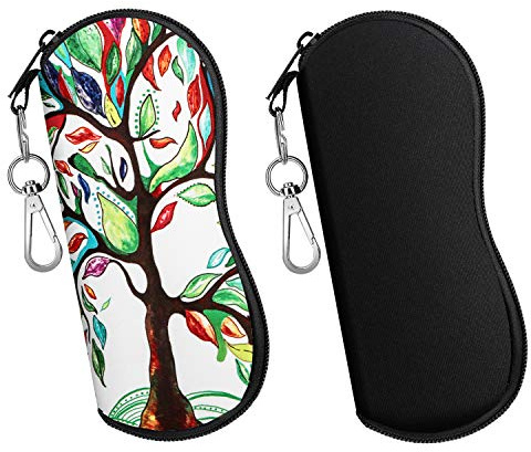 MoKo Custodia morbida per occhiali da sole, ultra leggera, portatile, in neoprene, con cerniera, custodia di sicurezza per occhiali con clip per cintura, confezione da 2, Albero nero e fortunato