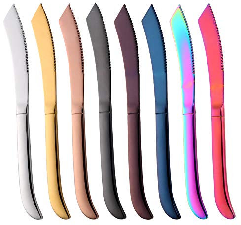 SBOMHS Edelstahl Rostfrei bunt Steakmesser set 8-stück-mischfarbe Menümesser mit wellenschliff Tafelmesser 23cm Länge kreativ Stil Steak Knives Besteckmesser Spülmaschinenfest