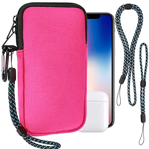 Estuche de Neopreno Universal para Smartphone, Carcasa para móvil Funda Protectora a prueba de golpes con Mosquetón y Correa de Cordón Travel Case with Pockets Phone Bag para Samsung, iPhone,Rosa Roja