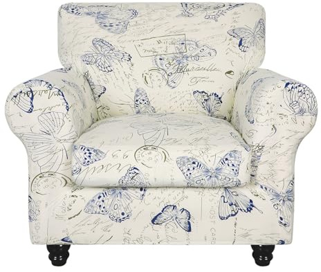 SearchI Stretch Sofa Cover Printed Couch Covers, Floral Pattern 2 Piece Armchair Slipcover with Separate Chair Cushion Cover, Washable Furniture Protector for Living Room(Chair, Butterfly Pattern)