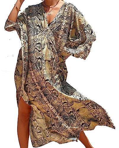 Lazz1on Mujer Kaftan Largo Vestido de Playa Maxi Verano Pareos Bohemio Bikini Cover Up (G)