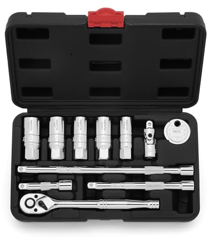 EMENTOL 11PCS 3/8 Drive Spark Plug Socket Set with Ratchet Handle, Universal Joint, Extension Bar & Spark Plug Gapper, 5/8, 3/4, 13/16, 14mm, 18mm, CR-V Steel with Rubber Holder Ring