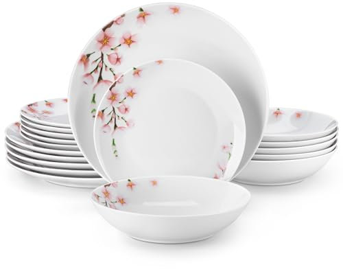 VEWEET Serie ANNIE Vajilla Completa de Porcelana para 6 Personas, 18 Piezas con 6 Platos Llanos, 6 Platos de Postre y 6 Cuencos para Pasta, Blanco Neutro con Estampado Floral Rosa, Forma Redonda