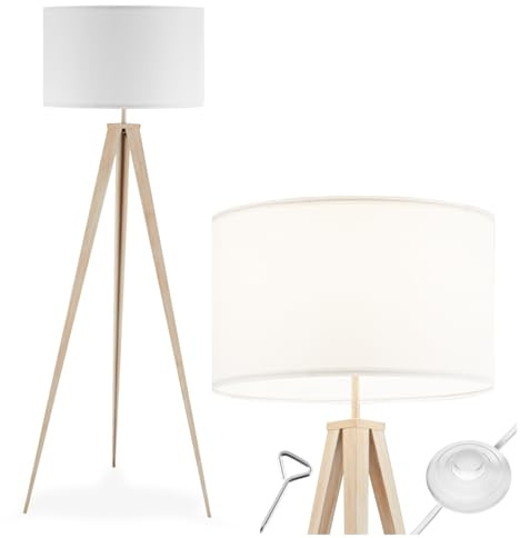 tectake® Lampada da Terra con Paralume in Tessuto Effetto Lino, Lampada con Treppiede Robusto in Acciaio, Luce Salotto con Interruttore a Pedale, Piantana Design Moderno - Rovere