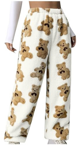 Komiseup Teddy Fleece Hosen Damen Warm Plüsch Jogginghose Winter Lang Pyjamahose Sherpa Fleece Haushose Flauschig Thermohose Einfarbige Yogahose Bär Muster Fleecehose Elastische Taille Winterhose