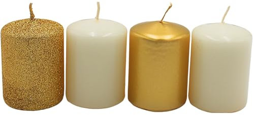Dekohelden24 Velas de Adviento, velas de Adviento, velas de mesa, velas de bloque, velas de mesa en color dorado y blanco, contenido del envío: 4 unidades, 5 x 5 x 7 cm.