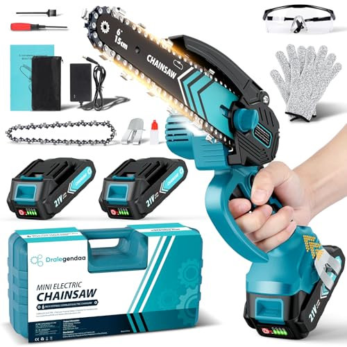 6 Zoll Mini Kettensäge mit Akku 8000mAh, 850W Leistungsstarkem Motor und 1 Ersatzkette, 2x 4000mAh Akku, Handkettensäge Akku mit Sicherheitsschloss und LED für Gartenscheren