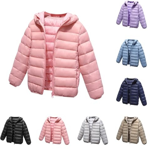 XINYUNZU Winterjacke Kinder Daunenjacke Jungen Mädchen Leichte Warme Steppjacke Puffer Jacke Kapuzenjacke Kuschel Kinderjacke Einfarbig Outdoor Kuscheljacke Rosa 6 Jahre