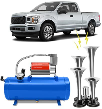 vinnyooc Kit de Klaxon, Klaxon d'Air de Voiture 4 Trompettes, 12V 150 PSI Compresseur d'air Système avec 4 Tubes de Corne Réservoir 6L pour Pneus de Voiture Moteurs de Voiture Bicyclettes