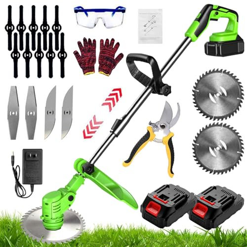 Gompuy Desbrozadora a batería, Cortacésped Eléctrico, Desbrozadora Eléctrica con Hoja de Metal, Cortabordes a Batería con 2 Baterías de 24 V 2000 mAh, Asa Retráctil y Rotación de la Cabeza de 90°