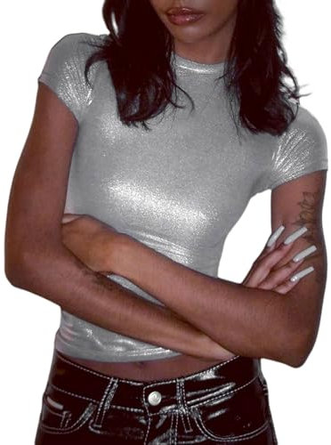 Metallic Shirt Damen Glitzer Shirt Metallische T-Shirt Top Kurzarm Pailletten Oberteil Damen Silber Einfarbig Rundhals Glänzend Tanzclub Fasching Karneval Party Clubwear Performance Kostüm
