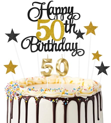 Ainiv 9pzs Decoracion Tartas Cumpleaños, Negro Dorado 50 Años Velas Cumpleaños Numeros para Mujeres y Hombres, Estrella Adornos Birthday para Fiestas, Cupcakes, Postres y Pasteles