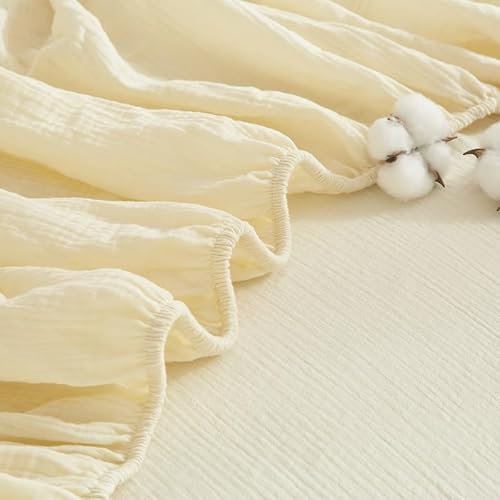 Gezu Spannbettlaken 180x200cm Doppelte Muslin Beige Weich 100% Baumwolle Muslin Hypoallergen Thermoregulierend Spannbetttuch Bettlaken 180x200cm Spannbettlaken Sommer für bis 30cm Matraze
