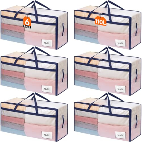 Lifewit Juego de 6 Bolsas Almacenaje Ropa 110 L, Bolsas Mudanza Grandes con Asas, Cajas Mudanza Plegables para Edredones, Mantas, Ropa, Transparente