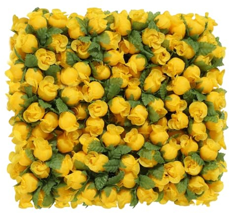 MWOOT 144Pcs Mini Roses Artificial Flower Heads, Yellow Plastic Rose Buds with Stems for Crafts, Small Fake Roses for DIY Valentine's Day Wedding Bouquet Festival Decoration, Tiny Faux Flower Heads