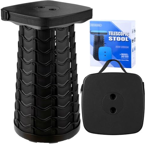 YSWOVUO Taburete Plegable Portatil, Taburete Telescópico, Retráctil, Silla Portatil Ligera para Viajes, Pesca, Senderismo y Camping, Carga Máxima 485LBS/220KG, Negro