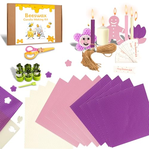 Juego de velas de cera de abejas, juego de fabricación propia, 12 placas de cera de abejas, 6 formas, cuerda de cáñamo, colgante de regalo, juego de manualidades para adultos y niños