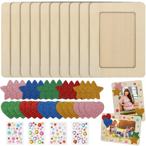 BREANIFULL Set di 10 cornici per bambini, cornici vuote da dipingere, 3D, per fai da te, per bambini, set di cornici in legno con pietre glitterate per compleanni, anniversari (senza pennello)