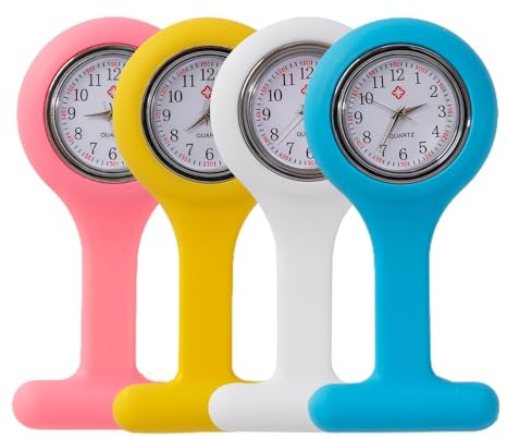Lethra 4PCS Nurse Watch, Silicone Fob Watches with Pin, Nurse Watch Fob Women's Pocket Fob for Health Care Nurse Doctor Paramedic for Women Men(White Pink Yellow Blue)