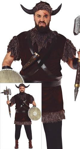 FIESTAS GUIRCA | Disfraz de Vikingo Adulto - Vestido, Cinta de Cabeza, Cinturón, Cuernos y Manguitos - Traje de Guerrero Nórdico para Halloween, Carnaval y Fiestas de Disfraces - Hombre