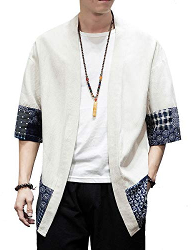 PRIJOUHE Men's Kimono Jackets Cardigan Lightweight Casual Cotton Blends Linen Seven Sleeves Open Front Coat Outwear