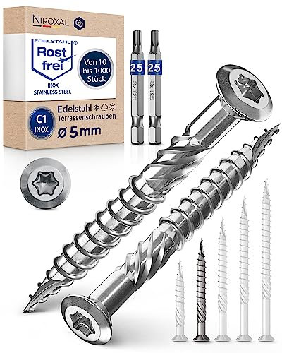 Tornillos para terraza 5 x 50 de acero inoxidable C1 con cabeza alomada, muesca de corte y aletas peladoras para 1000 unidades, tornillos Torx 50 mm de largo + 2 puntas Torx