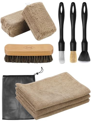 Fantasticlean 9 PCS Auto Innenraum Reinigungsset, Mikrofasertücher und Schwämme, Detailing Pinsel, Natürliche Rosshaarbürste für Sitze, Lederpflege, Innenreinigung