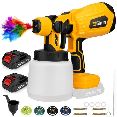 Gisam Farbsprühsystem Wandfarbe Akku Farbspritzpistole, Farbpistole Mit 2 Akuu, 4 Düse, 1000ml Behälter für Paint Blast (2-mit 2 Akku)