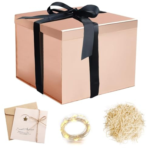 Scatola Regalo con Fiocco,Scatola Regalo Premium Gift Box,Confezione Regalo Pieghevole,Scatoleregalo Riutilizzabile,Scatole Regalo+Biglietto D'auguri+Nastro+Luci+Rafia,23x23x18cm.