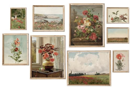 Vintage Floral Wall Art Prints Spring Oil Painting Flower Posters Retro Nature Wildflower Paper Gallery Wall Arts for Living Room Bedroom Decor, 9 Sheet, Multiple Conventional Sizes, Unframed