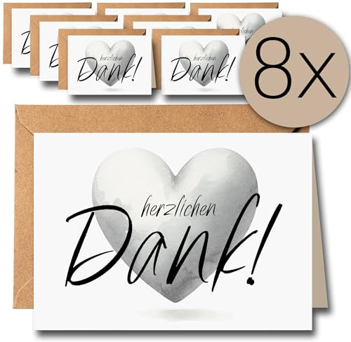 8 Dankeskarten Hochglanz Set mit Umschlägen und Stickern A6 Klappkarten Danke Danksagung