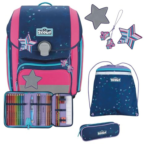 SCOUT Schulranzen Basic Genius Set 4-teilig Pretty Star dunkelblau