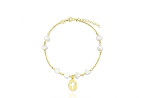 Turmalina – Pulsera para niña de plata dorada Primera Comunión con colgante de cruz y perlas. Pulsera con cadena de eslabones con largo de 14 cm más 3 de extensor.