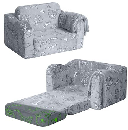 MeMoreCool Kindersofa Ausklappbar, 2-in-1 Kleinkinder Schlafsofa, Kindersessel mit Schlaffunktion, Mini Couch für Kuschelecke Kinderzimmer, Fancy Spielsofa für Mädchen und Jungen, Grau Hund